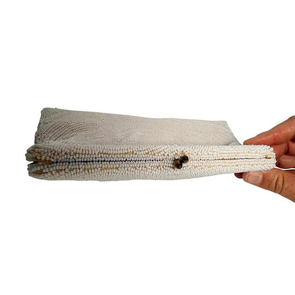 Vintage Made in Belgium White Beaded Clutch Kiss Lock Evening Bag - BH